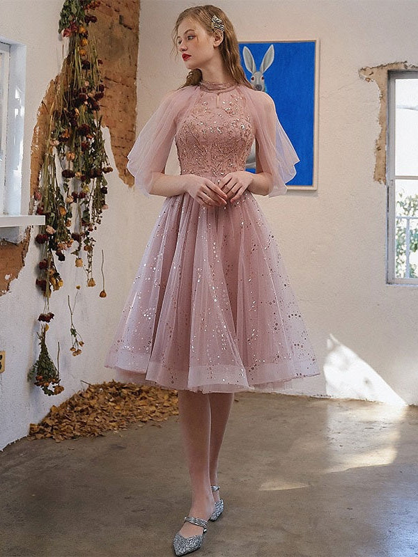 Knee-Length A-Line Princess Cocktail Dresses with Jewel Neckline and Sequin Appliques