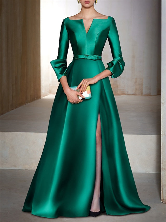 V-Neck Floor-Length Evening Dresses with Long Sleeves in A-Line/Princess Style