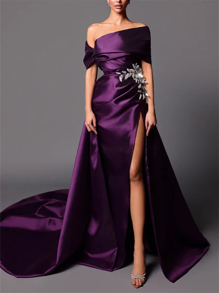Evening Dresses with Sweep Train in A-Line/Princess and Off-the-Shoulder Style