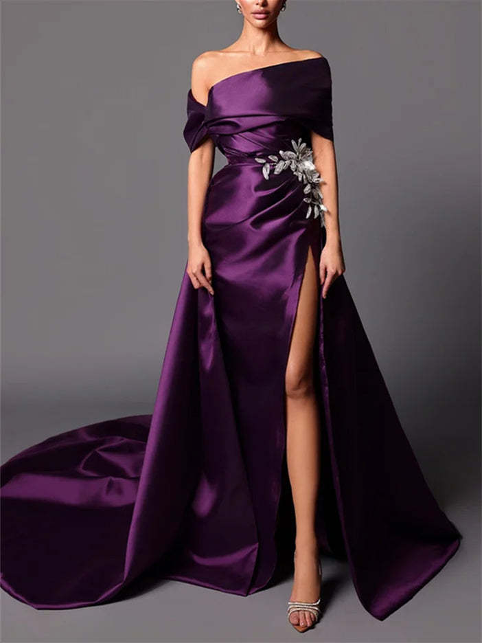 Evening Dresses with Sweep Train in A-Line/Princess and Off-the-Shoulder Style