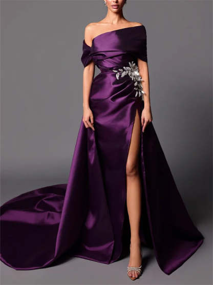 Evening Dresses with Sweep Train in A-Line/Princess and Off-the-Shoulder Style