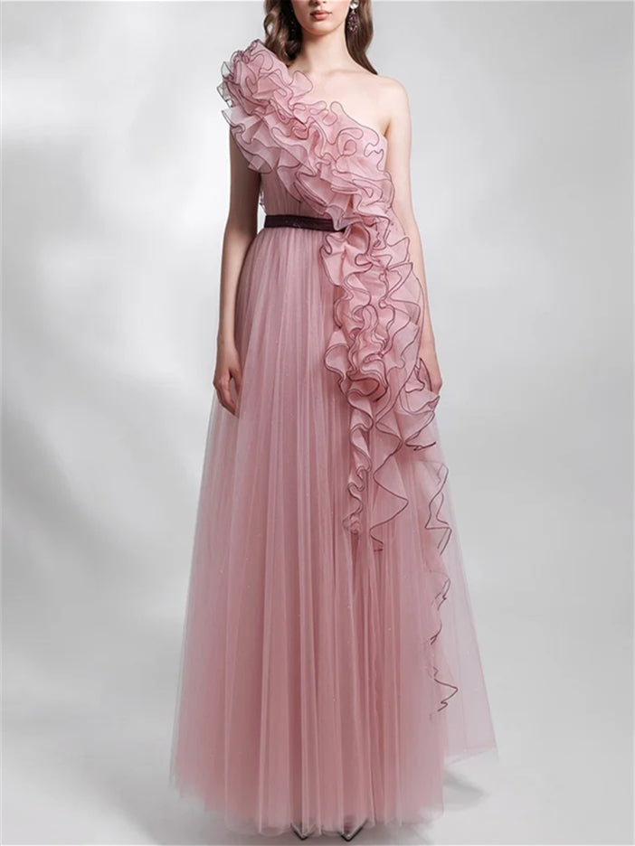 Sleeveless One-Shoulder Ruffled Mesh Evening Dress in A-Line/Princess Style