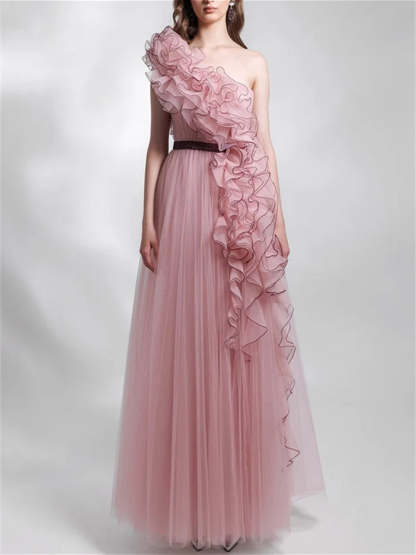 Sleeveless One-Shoulder Ruffled Mesh Evening Dress in A-Line/Princess Style