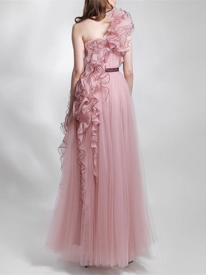 Sleeveless One-Shoulder Ruffled Mesh Evening Dress in A-Line/Princess Style