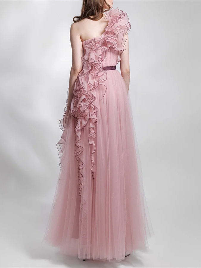 Sleeveless One-Shoulder Ruffled Mesh Evening Dress in A-Line/Princess Style