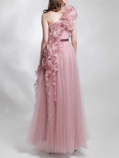 Sleeveless One-Shoulder Ruffled Mesh Evening Dress in A-Line/Princess Style