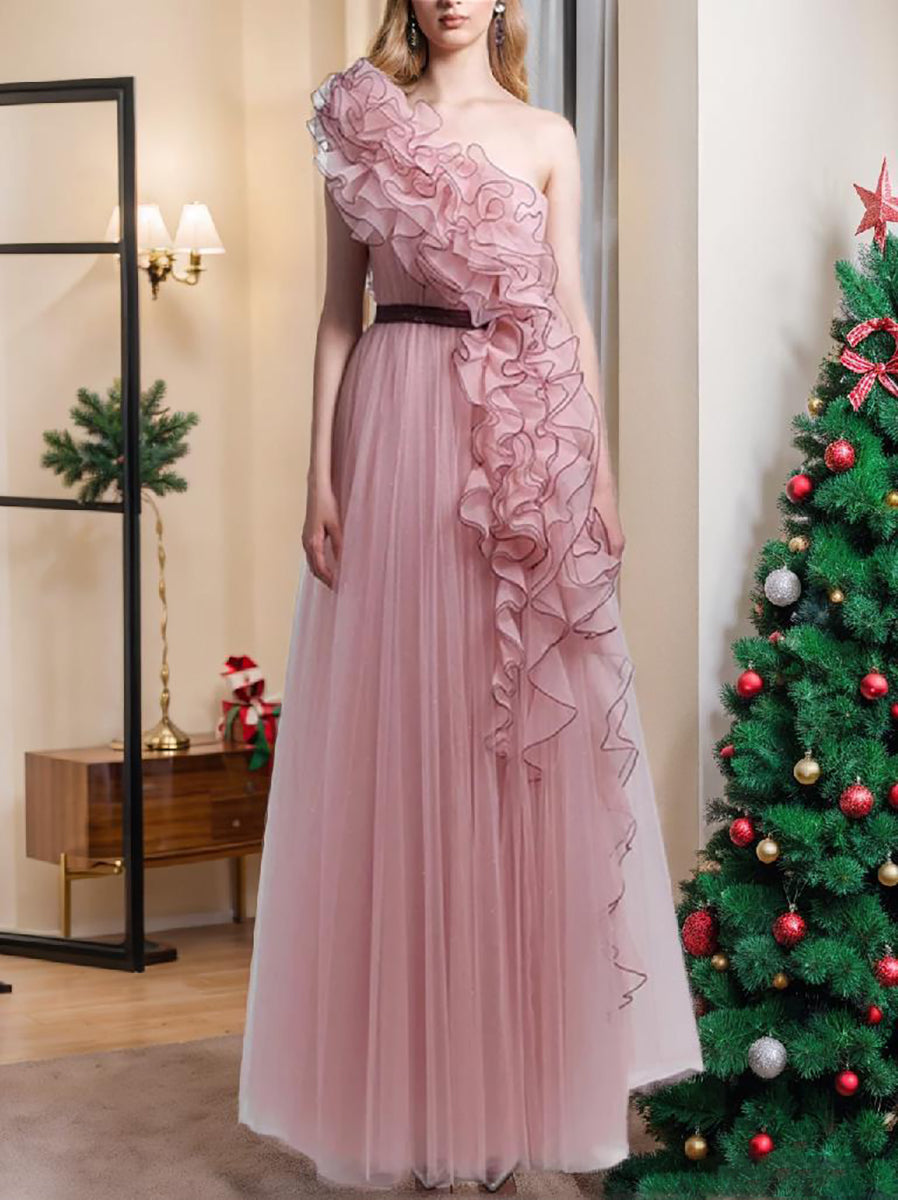 Sleeveless One-Shoulder Ruffled Mesh Evening Dress in A-Line/Princess Style