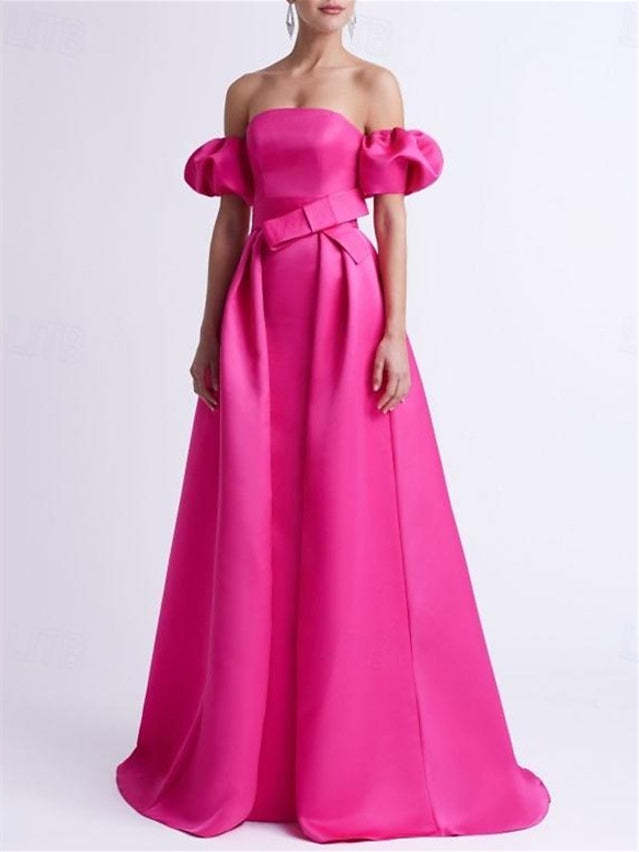 Floor-Length Off-the-Shoulder A-Line/Princess Evening Dresses Featuring Bow(s)