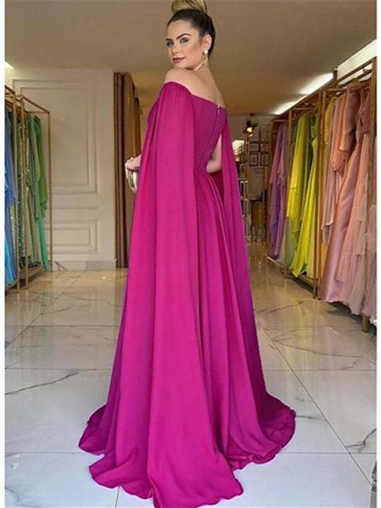 Princess A-Line Floor-Length Evening Dress with Off-the-Shoulder Neckline and Watteau Train