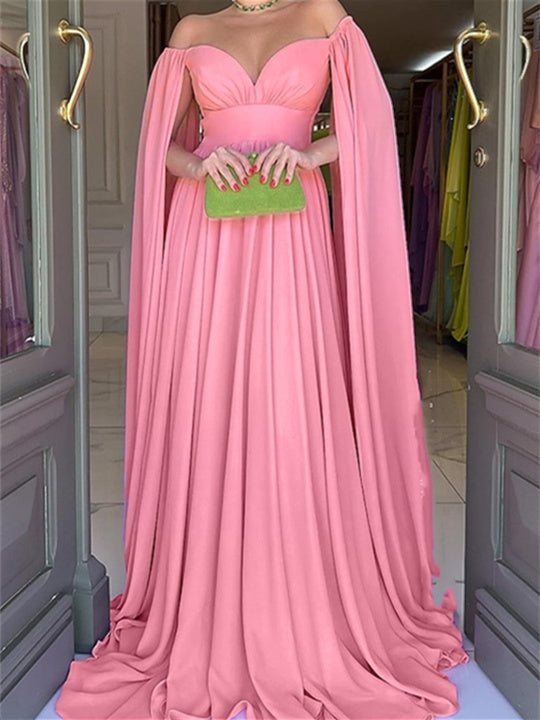 Princess A-Line Floor-Length Evening Dress with Off-the-Shoulder Neckline and Watteau Train