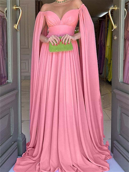 Princess A-Line Floor-Length Evening Dress with Off-the-Shoulder Neckline and Watteau Train
