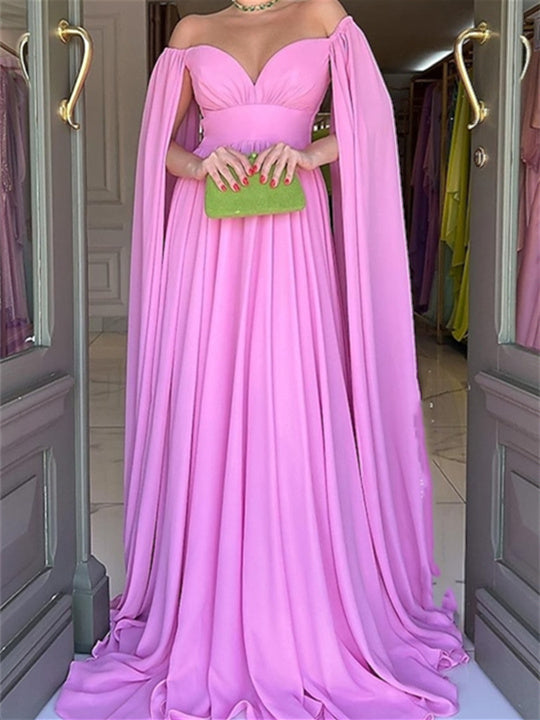 Princess A-Line Floor-Length Evening Dress with Off-the-Shoulder Neckline and Watteau Train