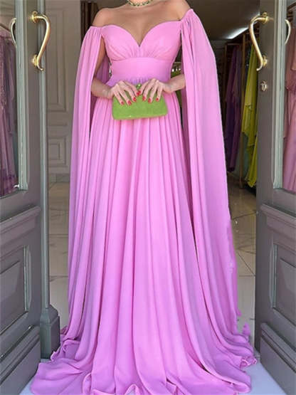 Princess A-Line Floor-Length Evening Dress with Off-the-Shoulder Neckline and Watteau Train