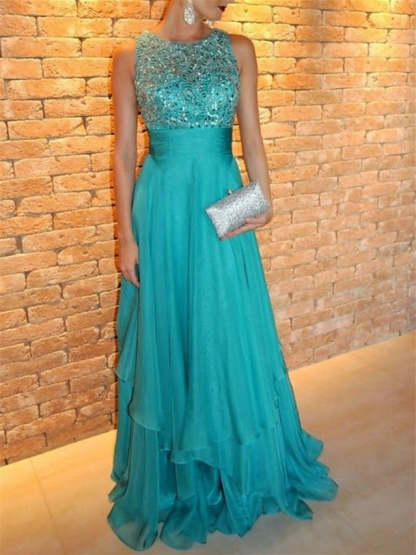 Sleeveless Floor-Length A-Line Princess Evening Dresses with Jewel Neck