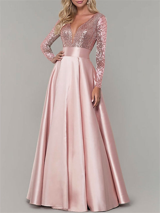 Princess V-Neck A-Line Floor-Length Evening Gown with Long Sleeves