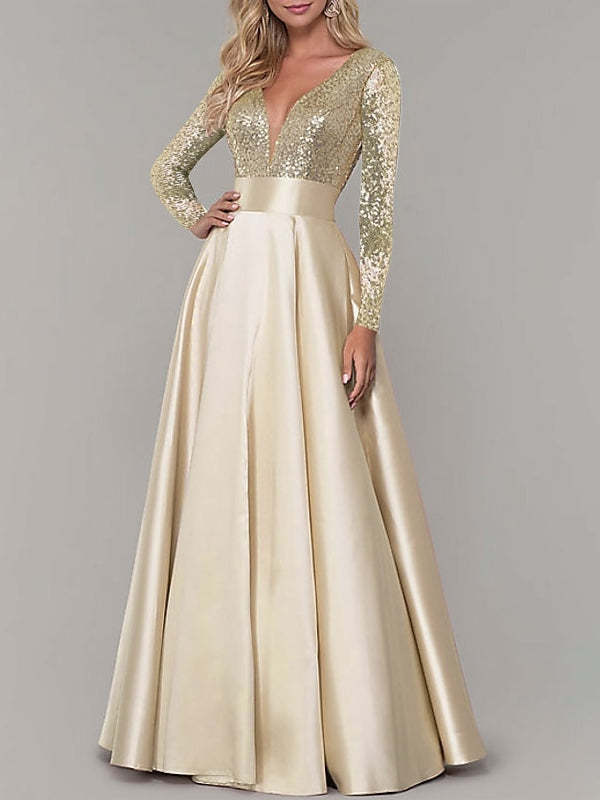 Princess V-Neck A-Line Floor-Length Evening Gown with Long Sleeves