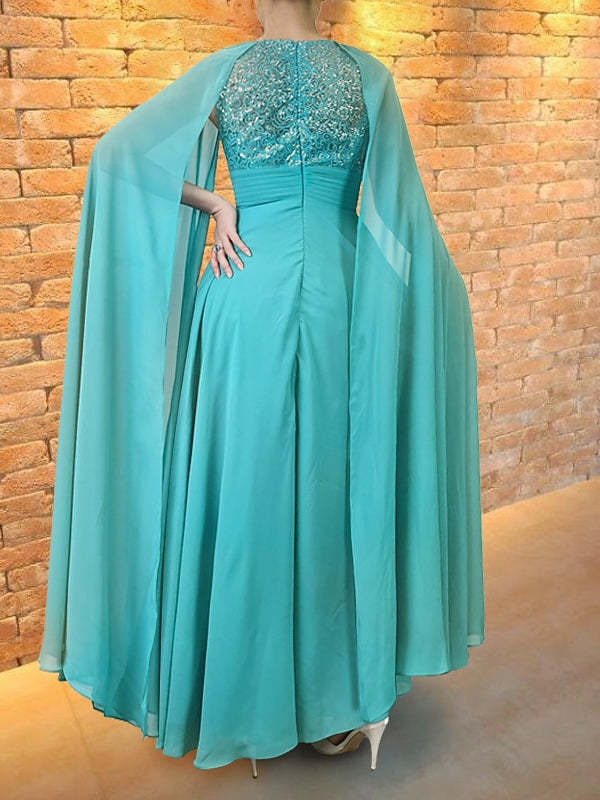 Floor-Length A-Line Princess Evening Dress with Jewel Neckline and Appliques Shawl