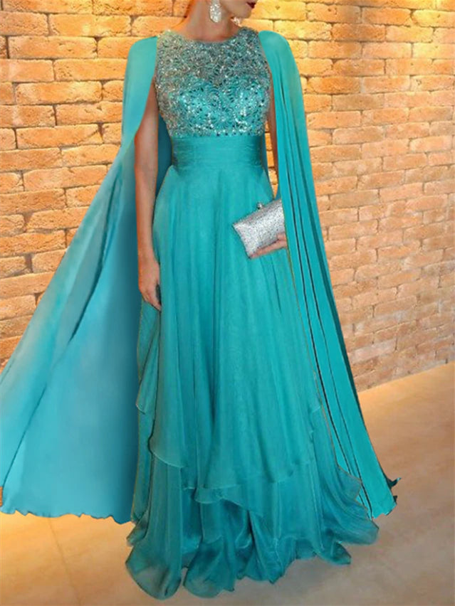 Floor-Length A-Line Princess Evening Dress with Jewel Neckline and Appliques Shawl