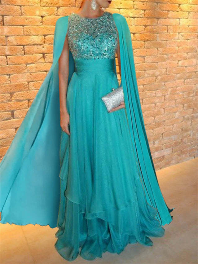 Floor-Length A-Line Princess Evening Dress with Jewel Neckline and Appliques Shawl