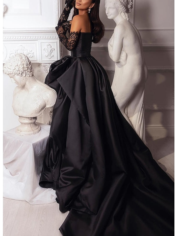 Strapless Sleeveless A-Line Princess Evening Dresses with Court Train and Slit