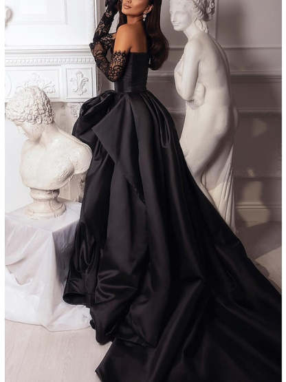 Strapless Sleeveless A-Line Princess Evening Dresses with Court Train and Slit