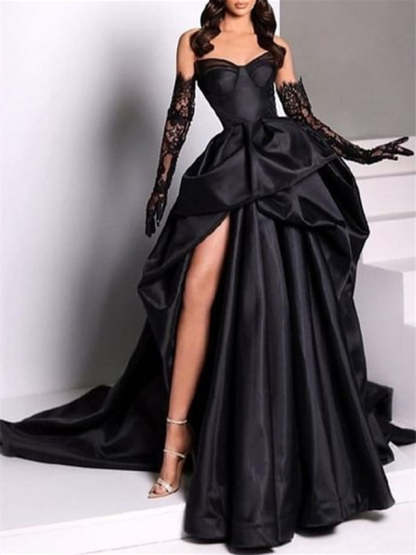 Strapless Sleeveless A-Line Princess Evening Dresses with Court Train and Slit