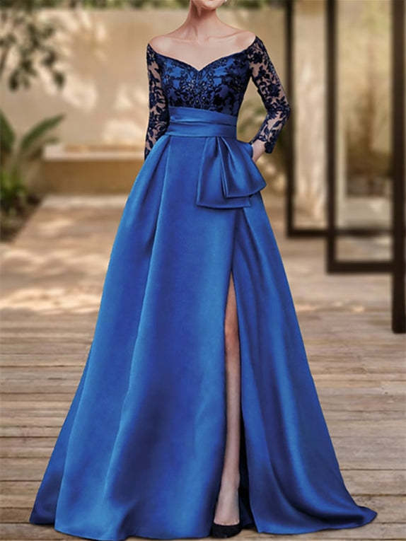 Floor-Length V-Neck A-Line Evening Dresses with Long Sleeves and Slit