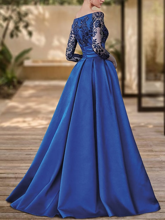 Floor-Length V-Neck A-Line Evening Dresses with Long Sleeves and Slit