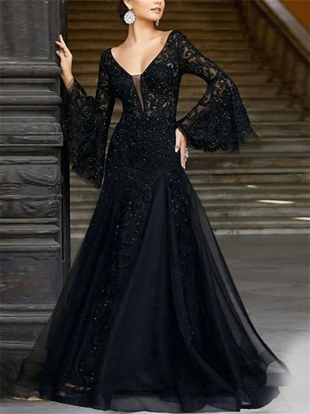 Floor-Length V-Neck A-Line Princess Evening Dresses with Long Sleeves and Appliques