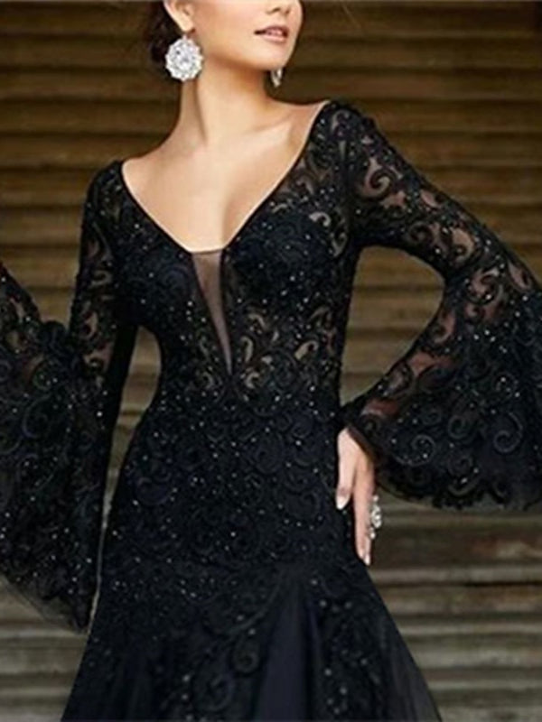 Floor-Length V-Neck A-Line Princess Evening Dresses with Long Sleeves and Appliques