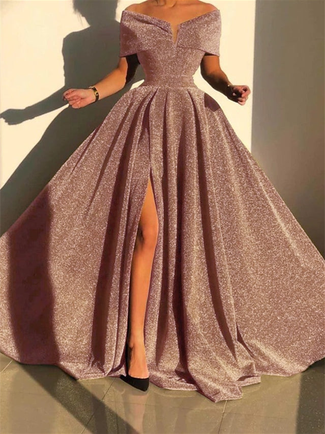 Evening Dresses with Sequin in A-Line/Princess Style Off-the-Shoulder and Court Train