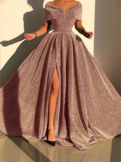 Evening Dresses with Sequin in A-Line/Princess Style Off-the-Shoulder and Court Train