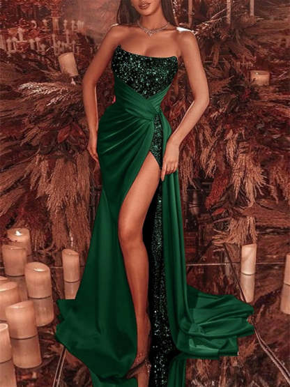Strapless Sleeveless Evening Gown with Ruched Sheath and Court Train