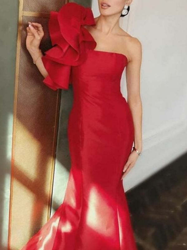 Evening Dresses with Ruffles: Strapless Sleeveless Mermaid/Trumpet Court Train