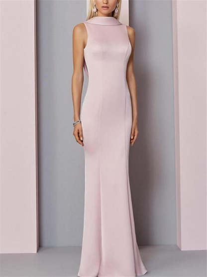 High Neck Floor-Length Sleeveless Evening Dress with Pleated Sheath/Column Design