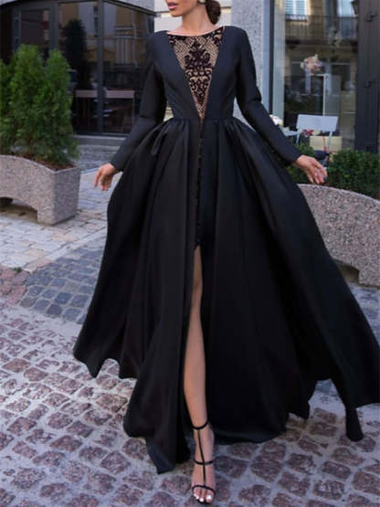 Evening Gown with Long Sleeves Slit and Sweep Train