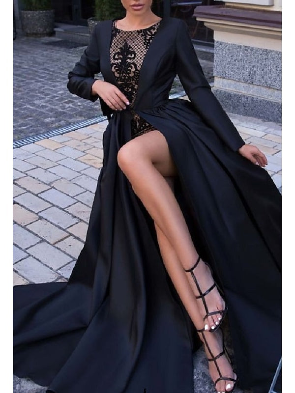Evening Gown with Long Sleeves Slit and Sweep Train