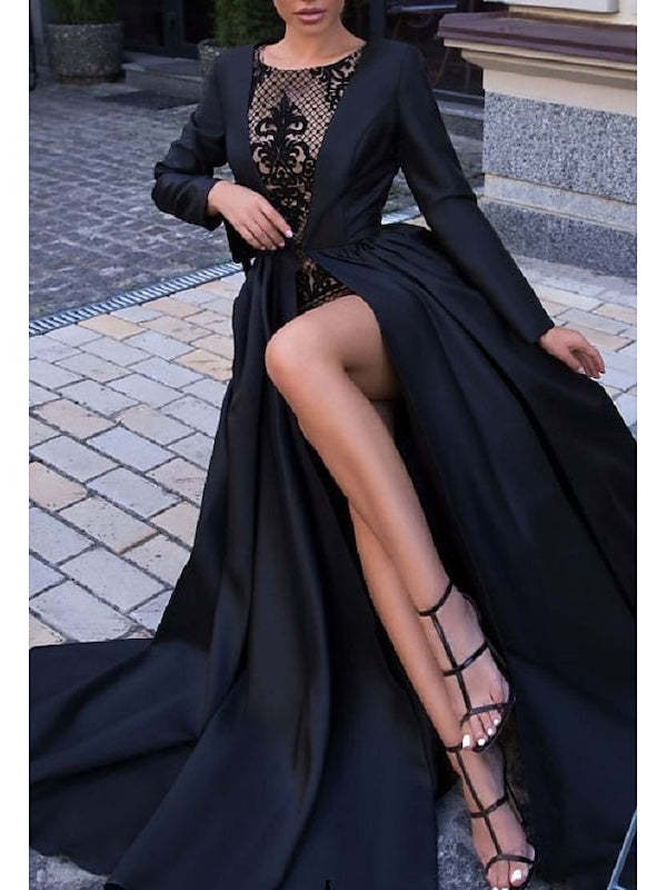 Evening Gown with Long Sleeves Slit and Sweep Train
