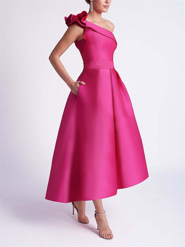 One-Shoulder Sleeveless A-Line/Princess Cocktail Dress with Pocket
