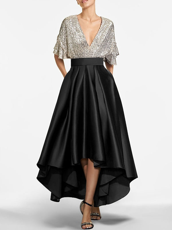 Short Sleeve V-Neck A-Line/Princess Asymmetrical Cocktail Dresses