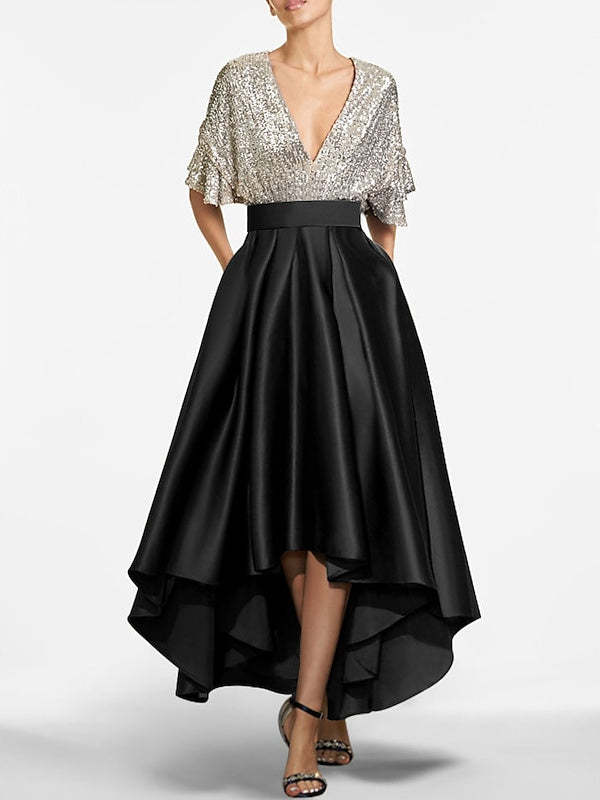 Short Sleeve V-Neck A-Line/Princess Asymmetrical Cocktail Dresses