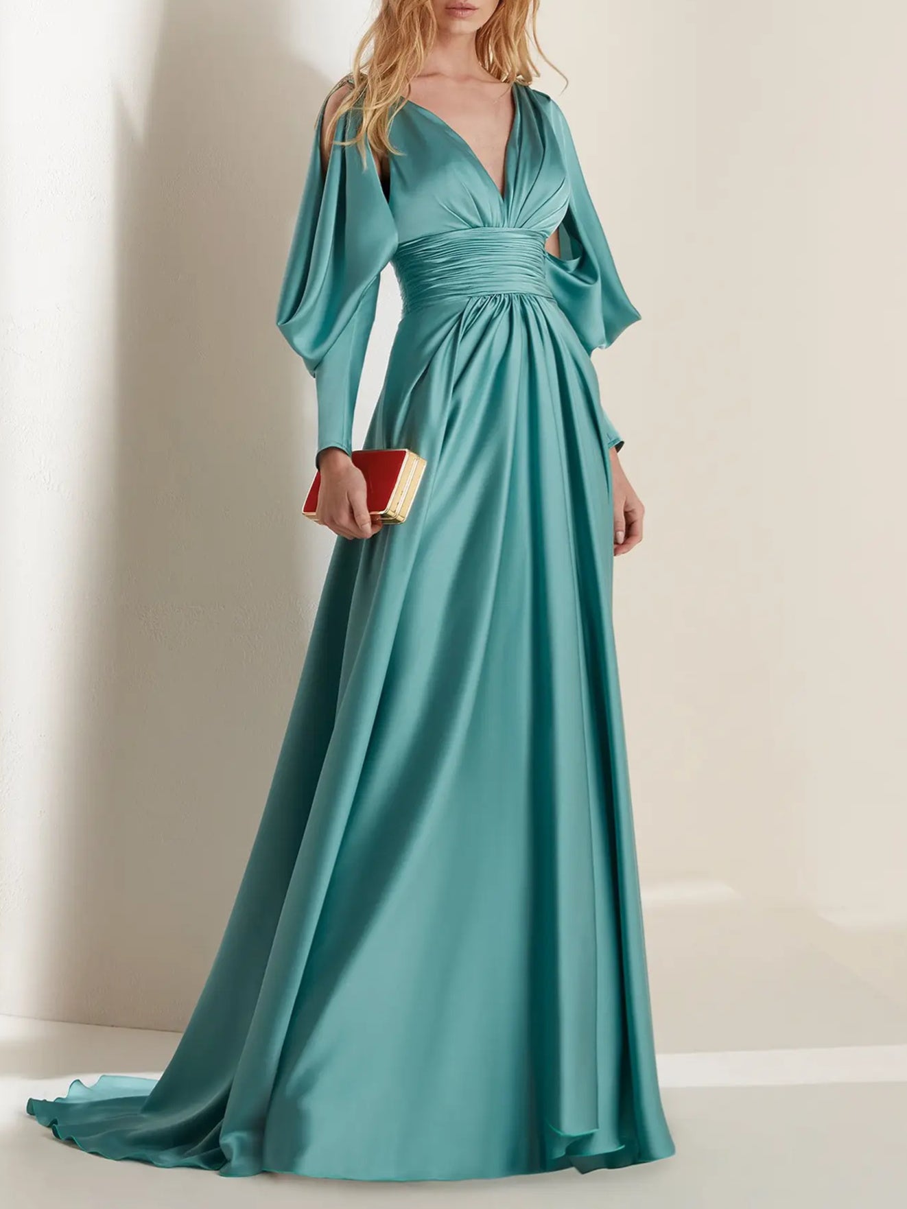 V-Neck A-Line Princess Evening Gown with Long Sleeves and Pleats
