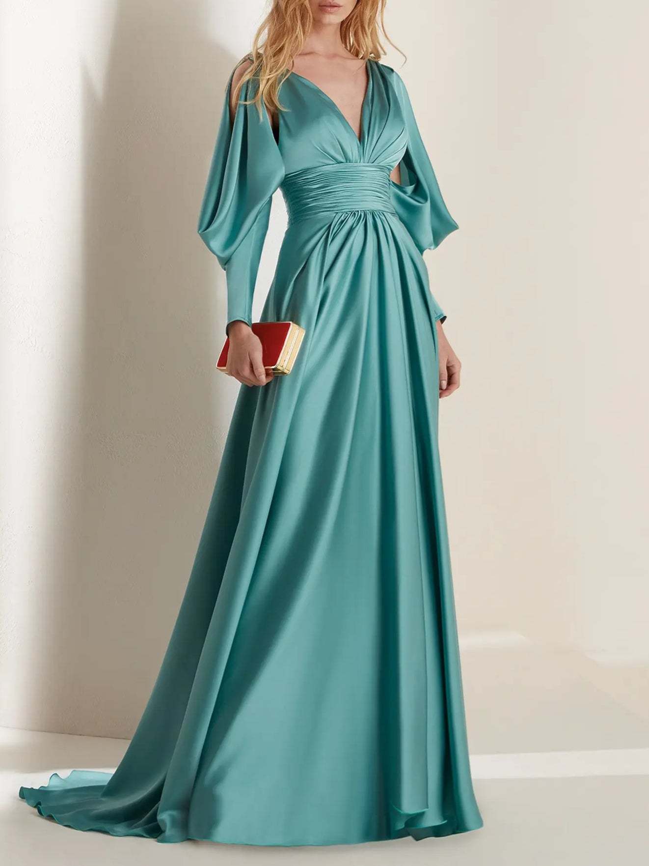 V-Neck A-Line Princess Evening Gown with Long Sleeves and Pleats
