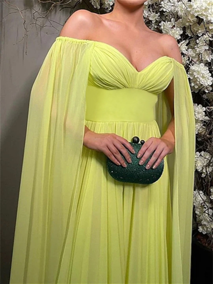Princess A-Line Floor-Length Evening Dress with Off-the-Shoulder Neckline and Watteau Train