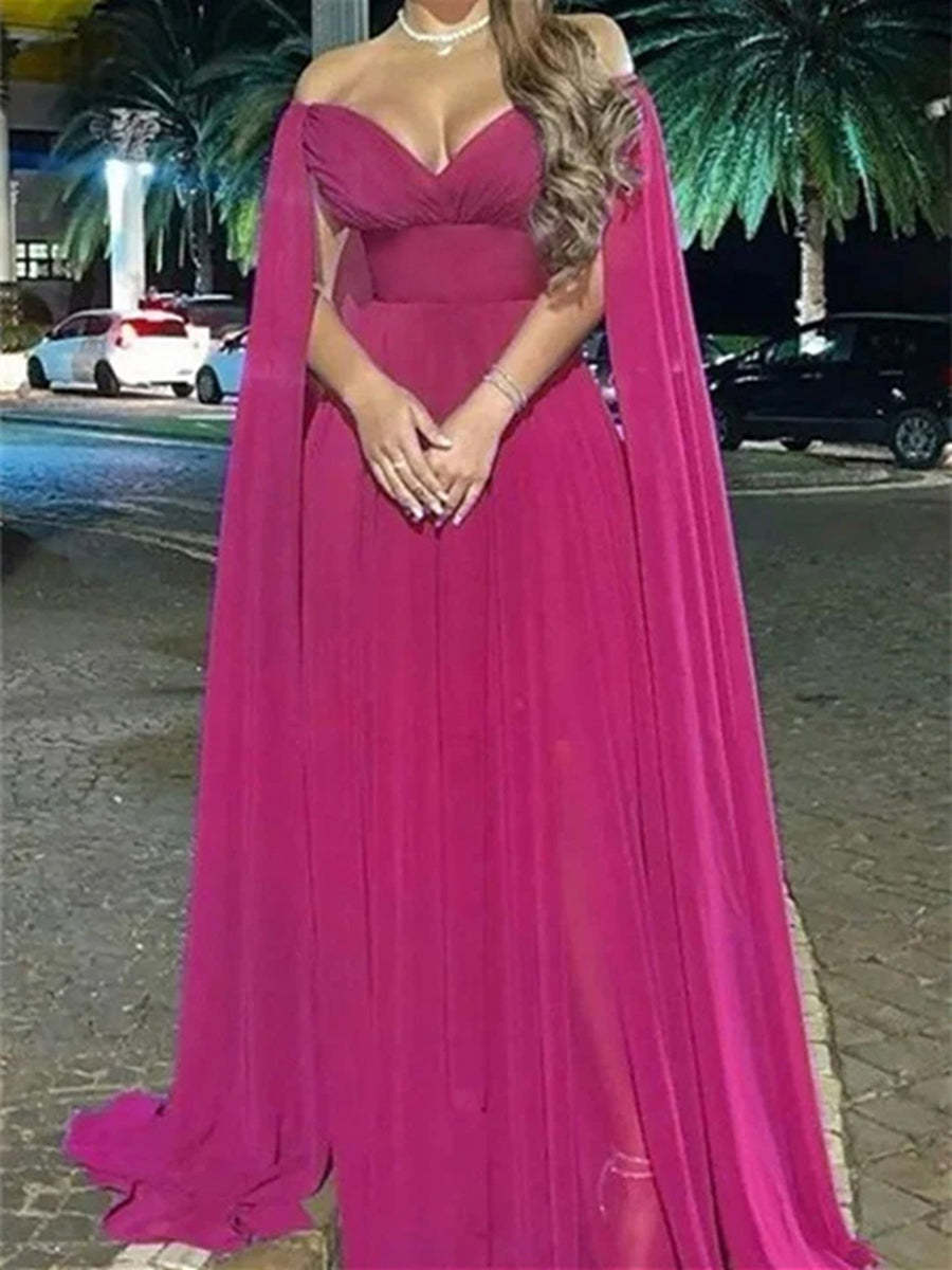 Princess A-Line Floor-Length Evening Dress with Off-the-Shoulder Neckline and Watteau Train