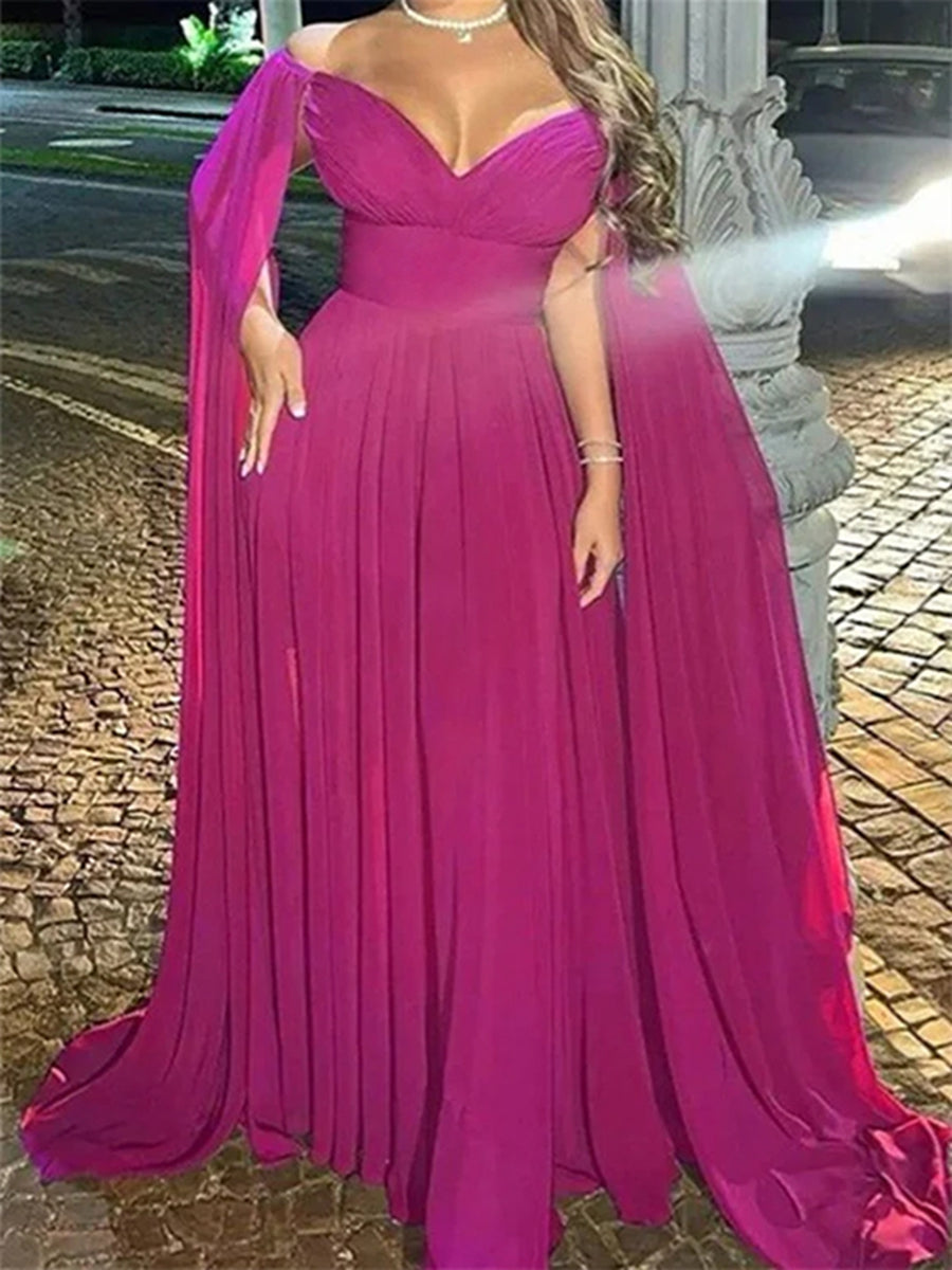 Princess A-Line Floor-Length Evening Dress with Off-the-Shoulder Neckline and Watteau Train