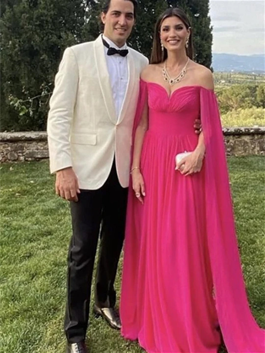 Princess A-Line Floor-Length Evening Dress with Off-the-Shoulder Neckline and Watteau Train