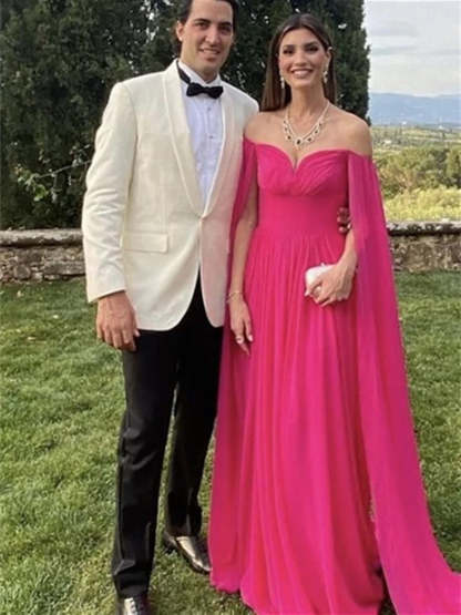 Princess A-Line Floor-Length Evening Dress with Off-the-Shoulder Neckline and Watteau Train