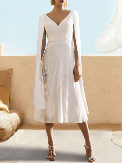 V-Neck A-Line Princess Cocktail Dress with Watteau Train in Floor or Tea Length