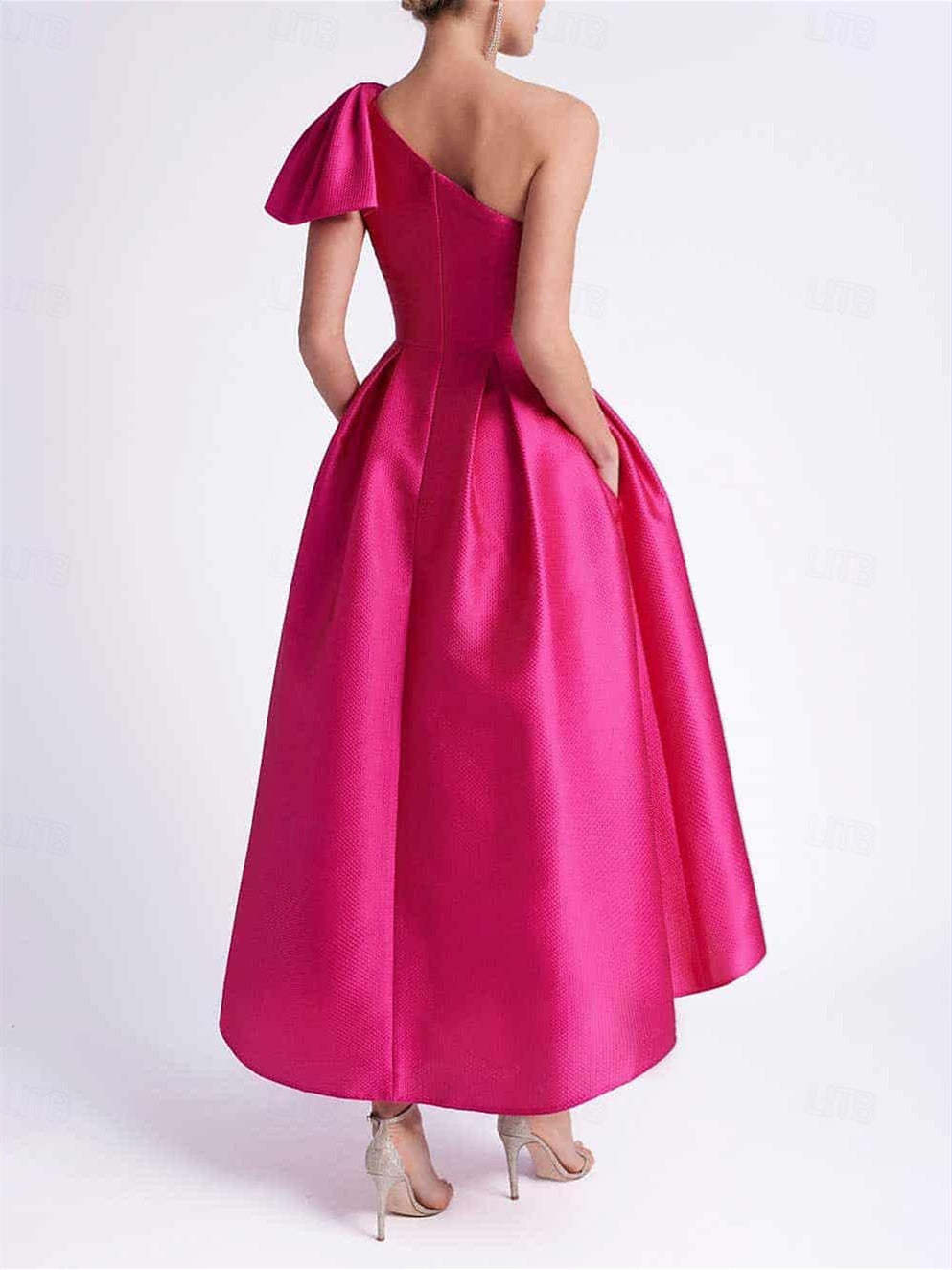 One-Shoulder Sleeveless A-Line/Princess Tea-Length Cocktail Dress With Pocket